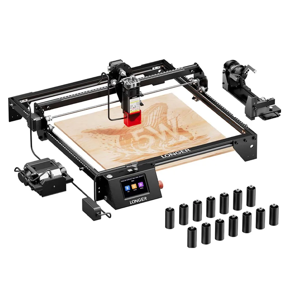LONGER Ray5 Laser Engraver, 5W Laser Engraving, 400 × 400 mm Engraving Area Ray5 5W Bundle with Air Assist, 4-in-1 Rotary Roller & 12 Risers, 24,000mm/min, DIY Laser Engraver for Wood, Leather, Acrylic