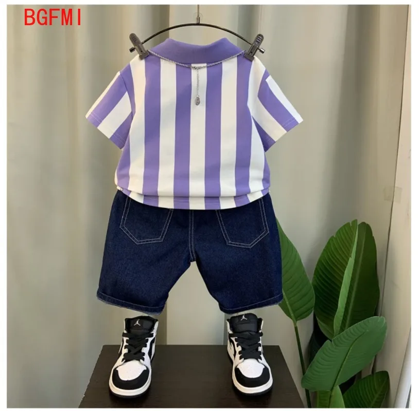 Korean Children\'s Clothes Summer Teenage Boy Outfit New Thin Short Sleeves Striped Polo Shirt + Denim Shorts Two Piece Set 2-11Y