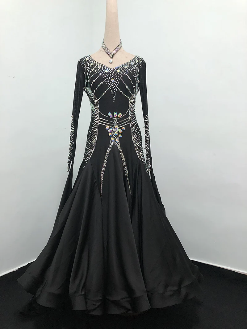 Advanced Ballroom Competition Dance Dresses New Style Black Shine Ballroom Dance Dress Standard Modern Waltz Dancing Skirt