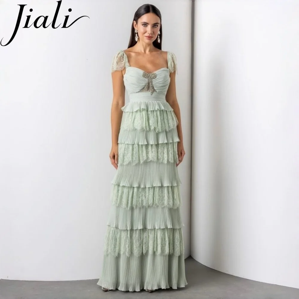 Jiali Customized Luxury Olive Sweetheart Beaded Corset Multi-layered Chiffon Evening Dress Lace Cap Sleeves A-line Floor-Length