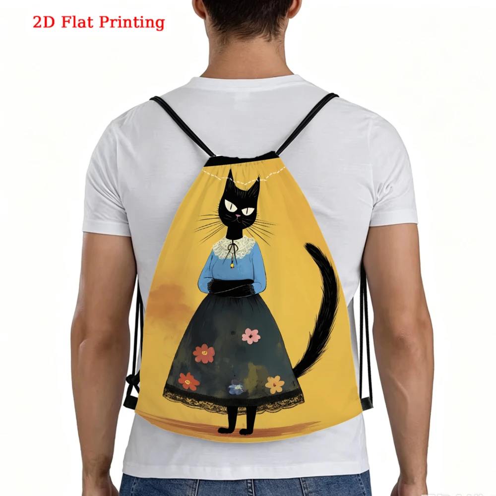 Cute Cartoon Style, Drawstring Backpack, Funny Cat In Dress Pattern, Gym Sports Bag, Outdoor Travel Drawstring Pack