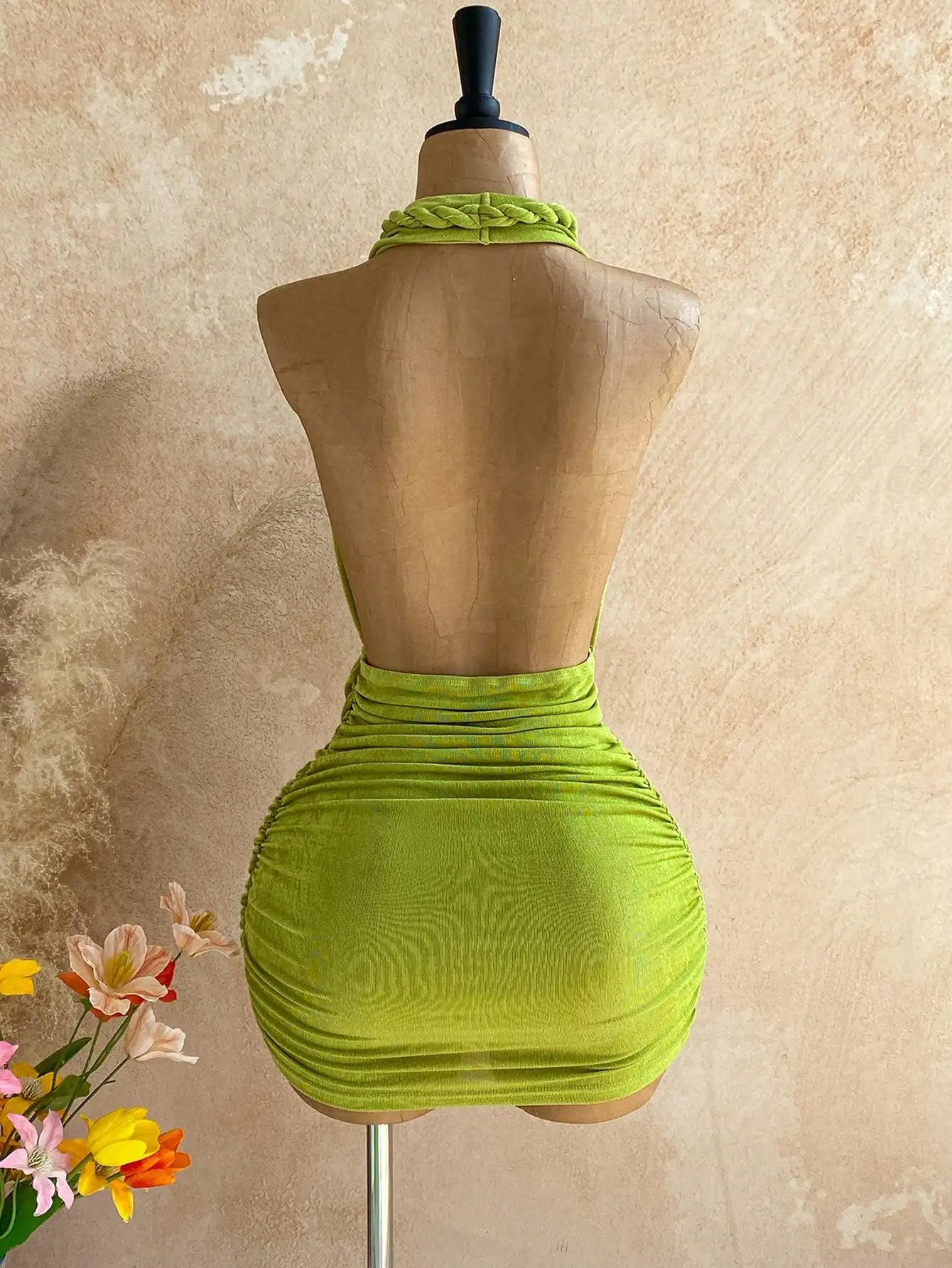 Women Solid Color Backless Halter Mini Dress For Vacation Beach Summer