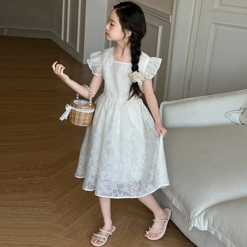 Summer junior girls Hollow Back Dress 120-170 white Lotus leaf sleeve Princess Dresses Sweet Flower teen kids clothes 10 12 14