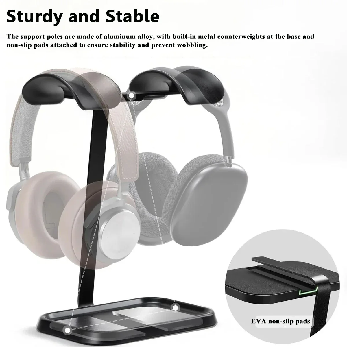 Dual Headphone Stand with Aluminum Alloy Support Rod Universal Rack for Gaming & Music Stable Storage Base Space Saving