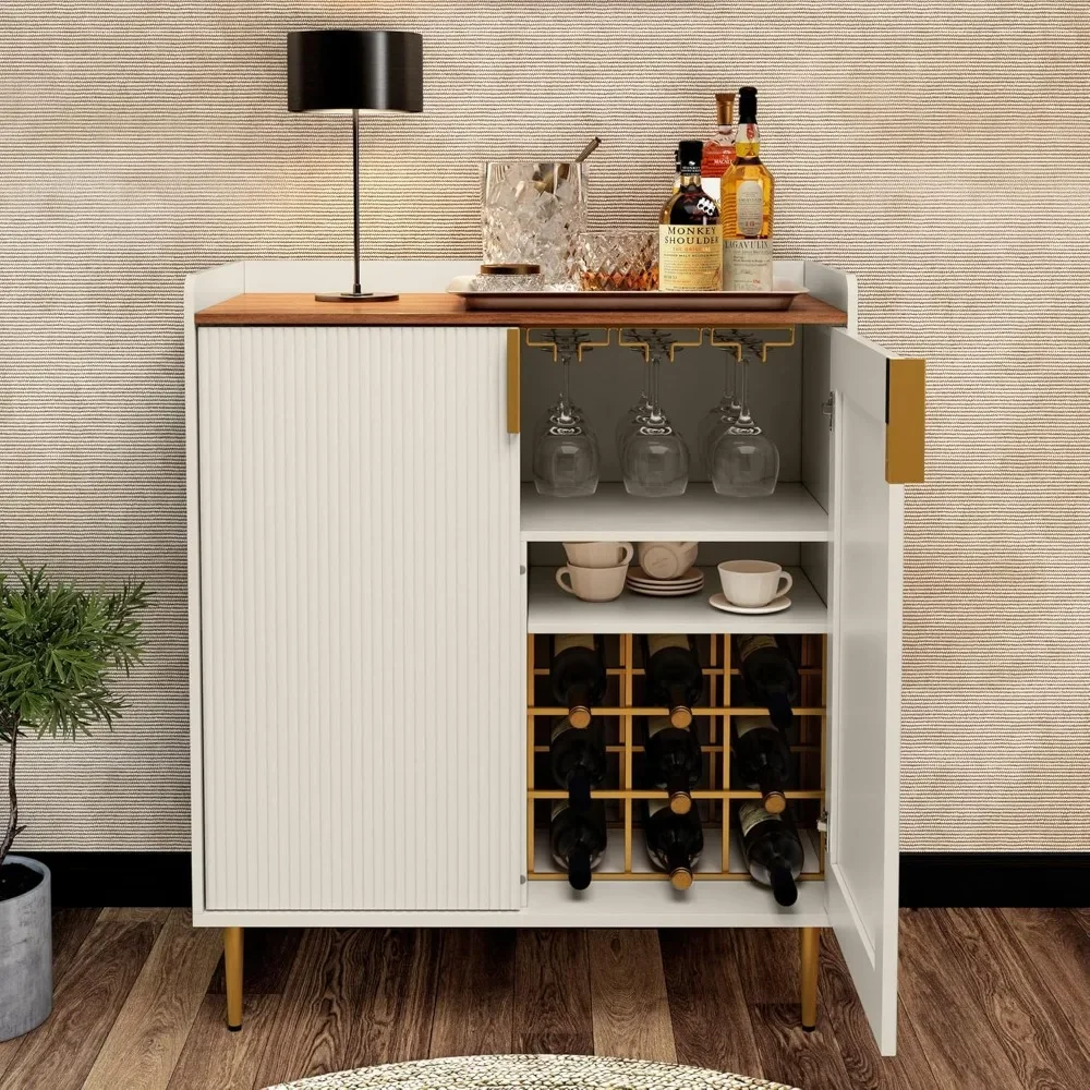 Wine Cabinet.Wine Bar Cabinet with Fluted Texture,Modern Coffee CabinetwithWine Rack&Glass Holder,White Kitchen Buffet Sideboard