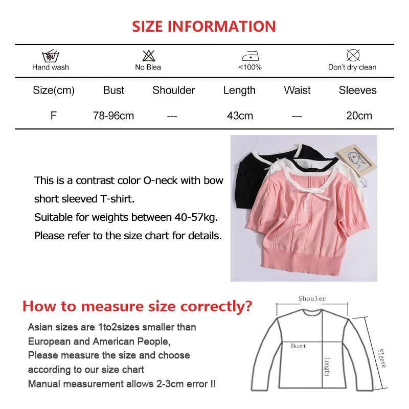 Women Casual Contrast Color Bow O-neck T-shirt Solid Patchwork Short Sleeved Pullover Summer Sweet Worn Outside Knit Crop Tops