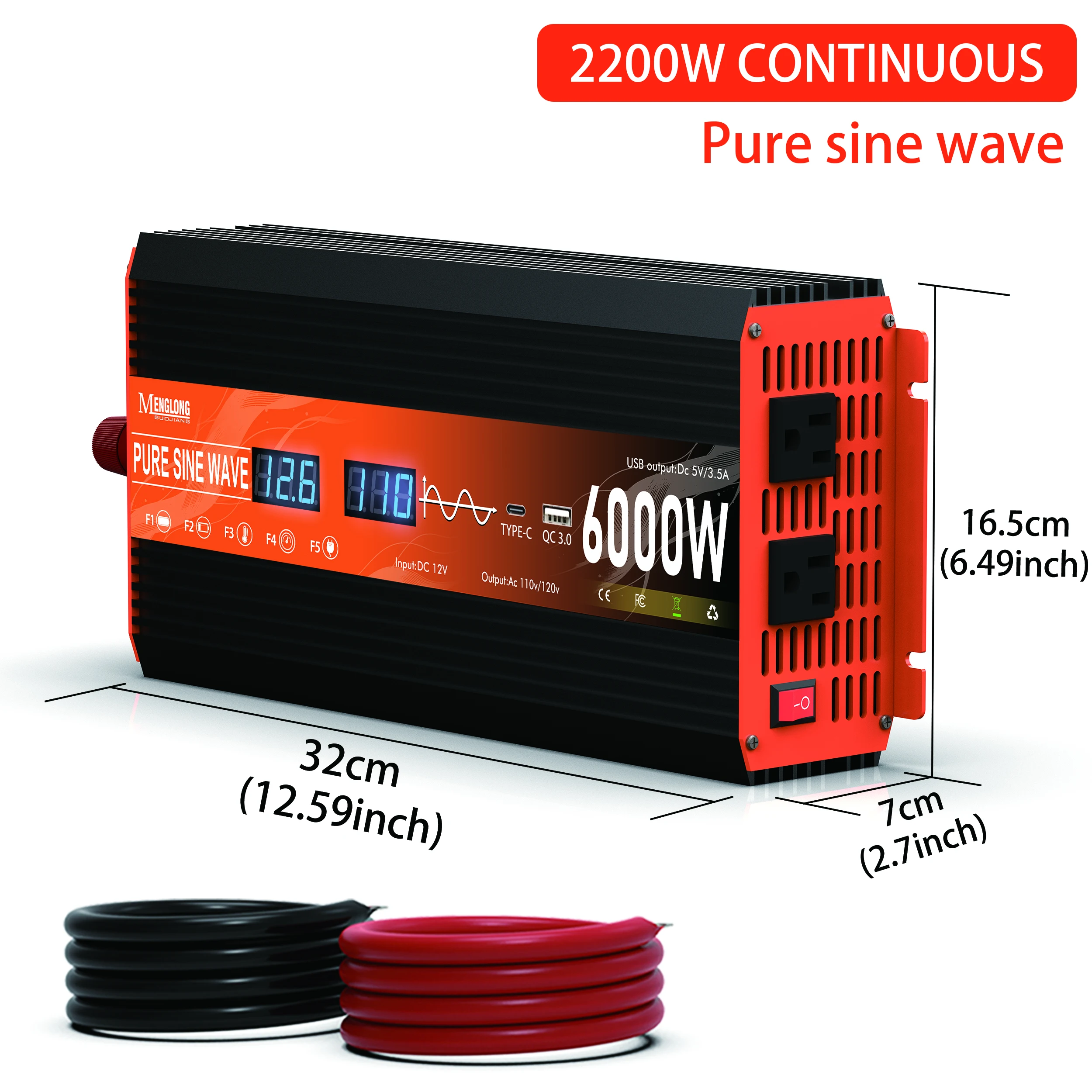 6000W/4500W Pure Sine Wave Inverter DC 12V to AC 110V, Dual AC Output, Overvoltage, Overcurrent, and Overtemperature Protection, Special Power Supply for RVs, Camping, and Outdoor Use