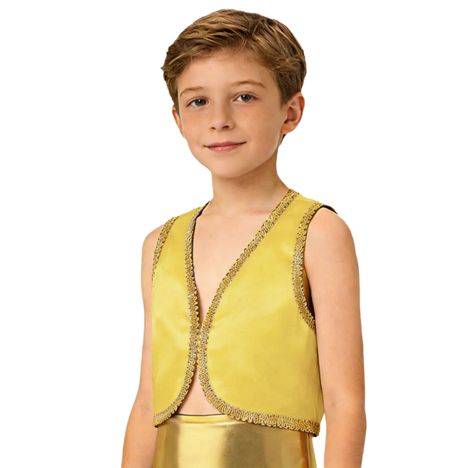Kids Boys Arabian Prince Fairy Tale Genies Cosplay Costume Open Front Golden Braided Trim Vest Halloween Party Fancy Waistcoat