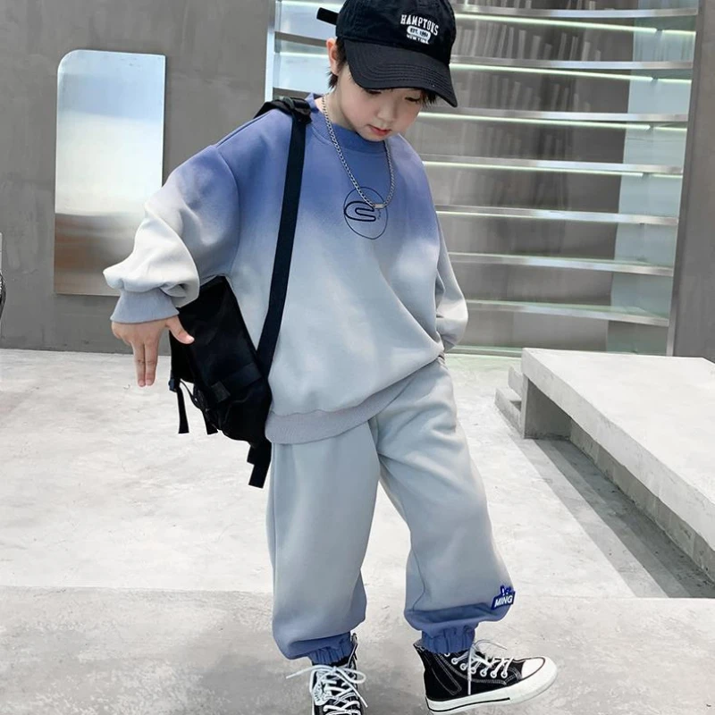 Spring Teenage Boy Girl Clothes Set Children Sports Gradient Sweatshirt Pullover Top and Pants Bottom 2pcs Suit Cotton Tracksuit