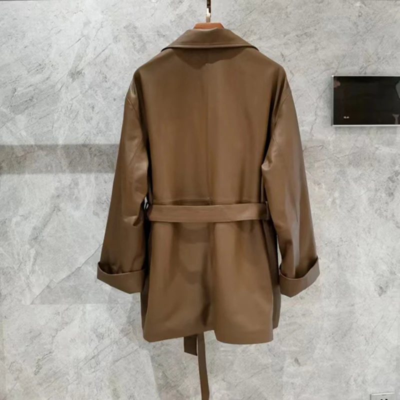 Spring Autumn Belt Real Leather Trench Coat Women Lambskin Lady Loose Outerwear