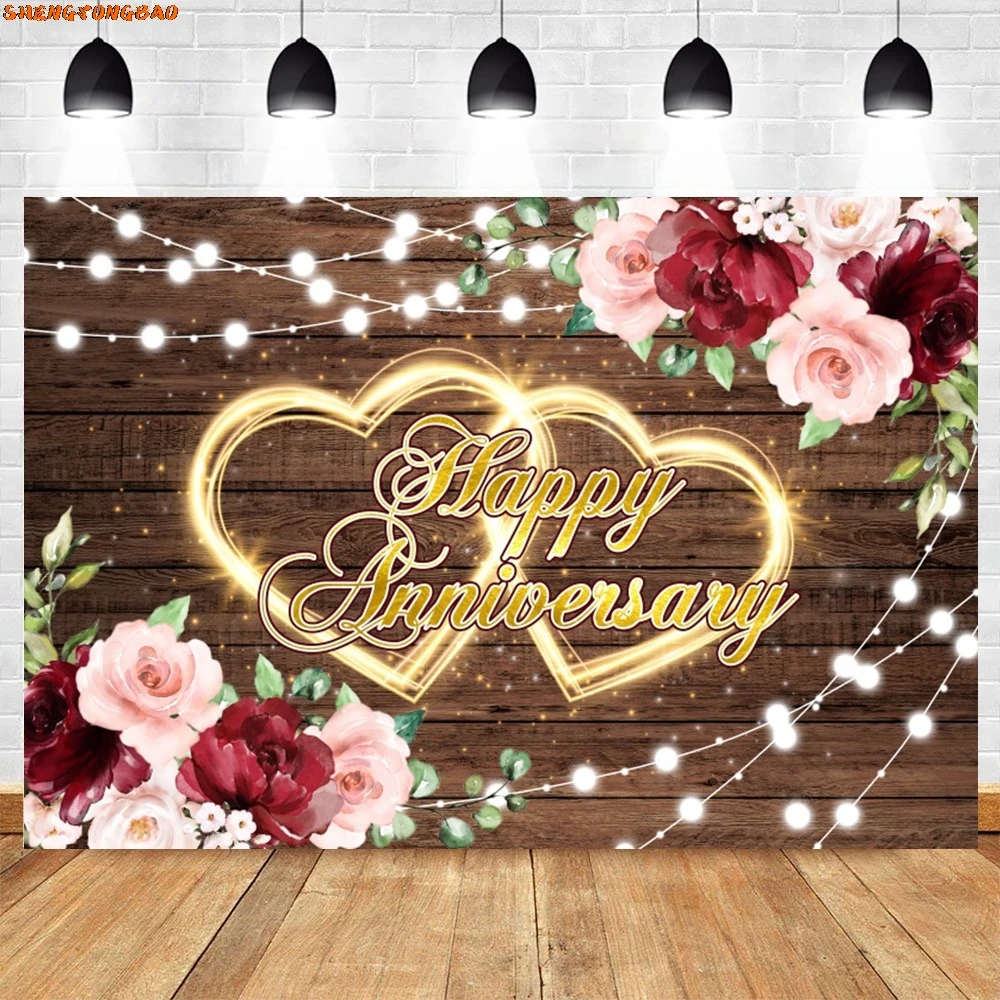 Happy Anniversary Backdrop For Photography Gold Balloon Glitter Love Heart Wedding Birthday Party Bridal Shower Photo Background