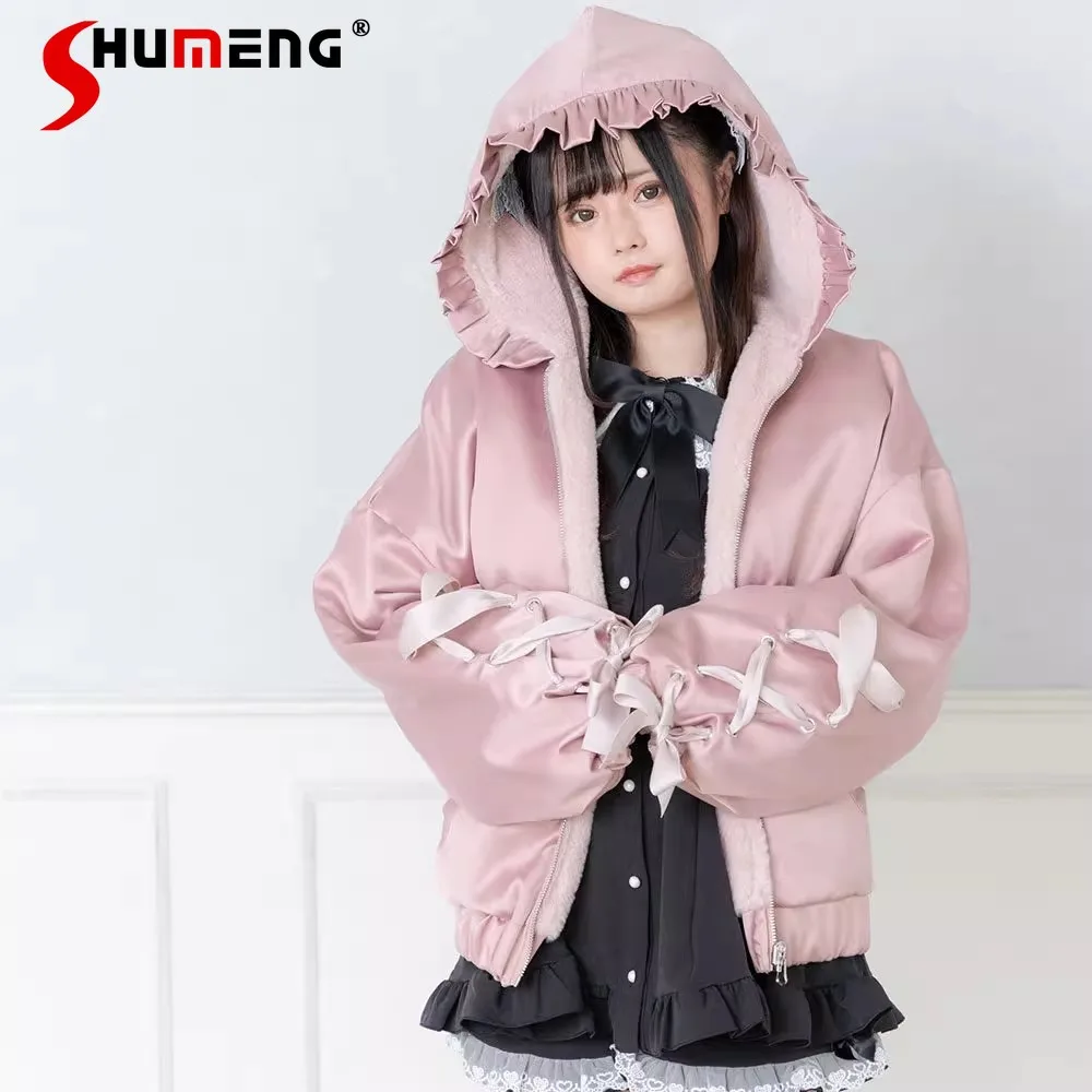 Japanese Cute Double-Sided Hooded Lace-up Jacket Student Autumn and Winter Thickened Sweet Woman Long Sleeve Furry Short Coat