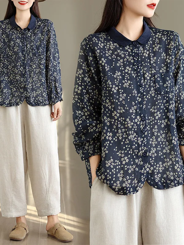 

Loose Fit Long Sleeve Printed Shirt Artistic Style Floral Print Turn-down Collar Casual Fashion Women's plus Size Inner Wear