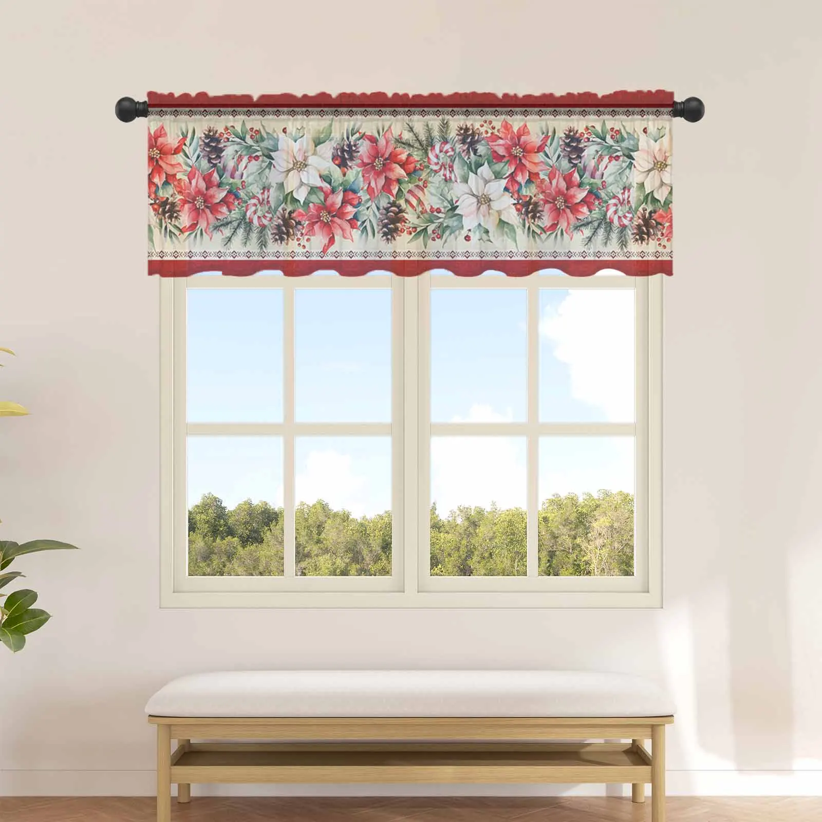 Christmas Poinsettia Berries Cedar Leaves Pine Cones Short Tulle Window Curtains Sheer Voile Curtain Kitchen Cabinet Home Decor