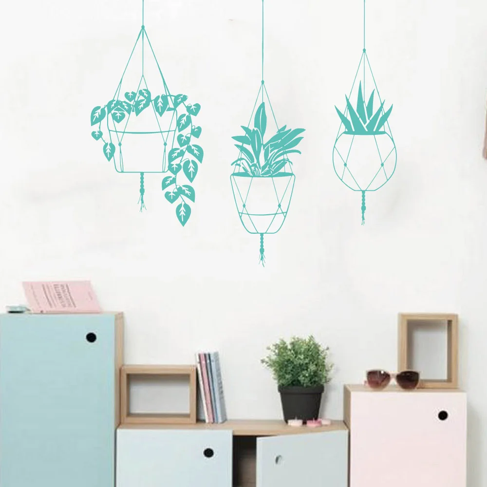 3Pcs Hanging Plant Flowerpot Wall Sticker Living Room Vase Water Bottle Nature Wall Decal Bedroom Playroom Bathroom Vinyl Decor