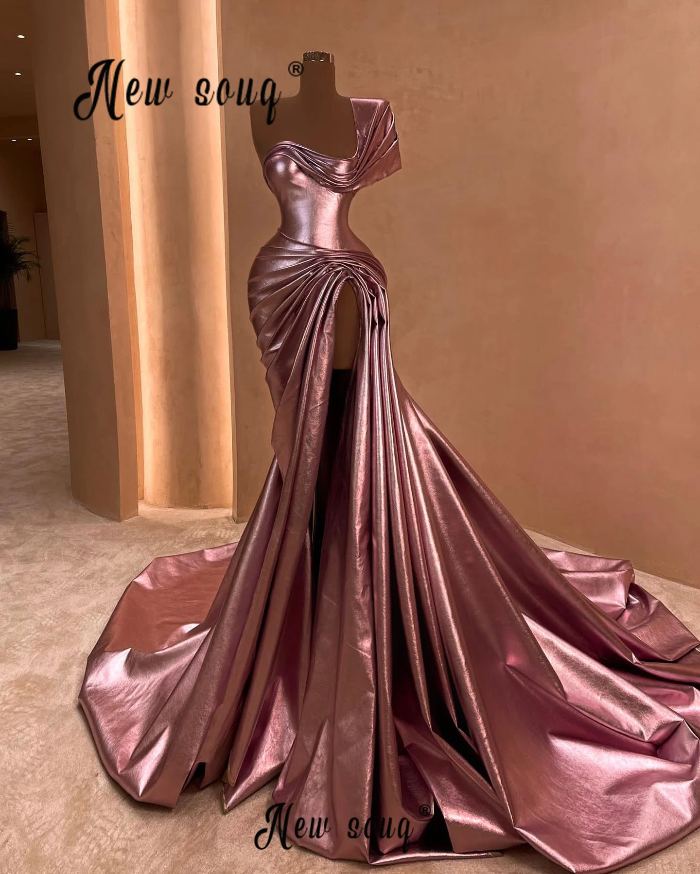 Luxury Rose Pink Prom Dresses Pleated Cocktail Dress Solid Sparkly Formal Evening Dresses Vestidos De Fiestas Elegantes Mujer