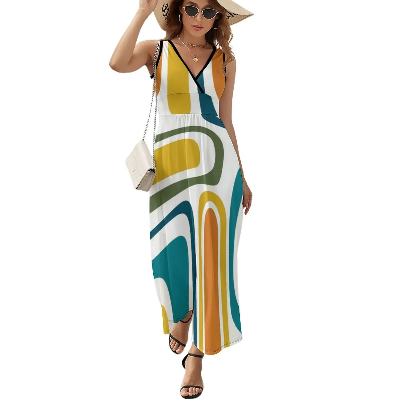 

Palm Springs Retro Midcentury Modern Abstract Pattern in Moroccan Teal, Mustard, Orange, Olive and White Sleeveless Dress