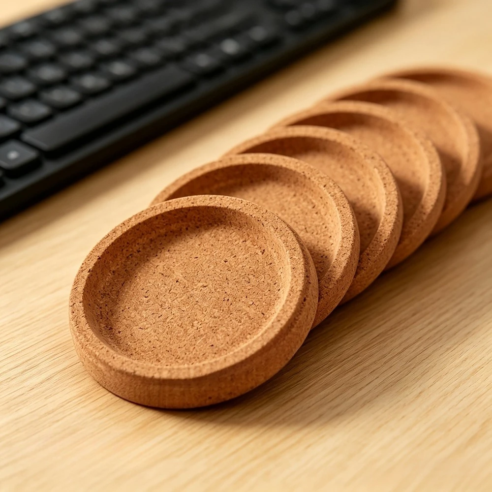 3 circular cork coasters - cork grooved non-slip coasters - household office desk heat insulation pads