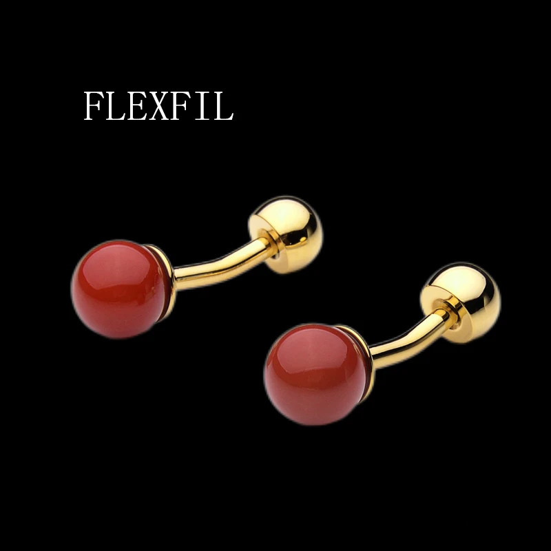 FLEXFIL jewelry fashion shirt cufflinks for mens gift Brand cuff links buttons High Quality Wedding abotoaduras red pearl