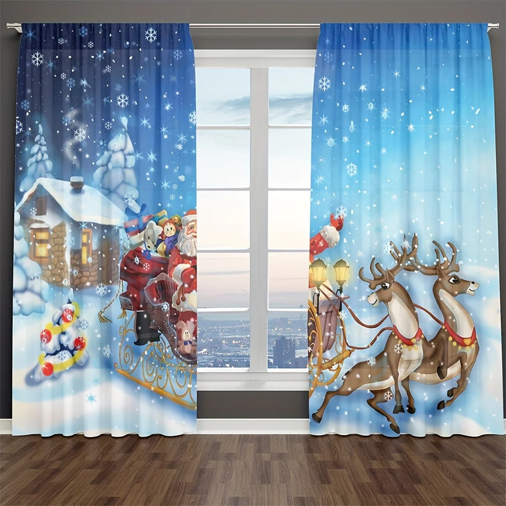 Cartoon Christmas Santa Claus Happy New Year Kid's Window Curtains Blinds for Living Room Bedroom Kitchen Door Home Decor 2Pcs