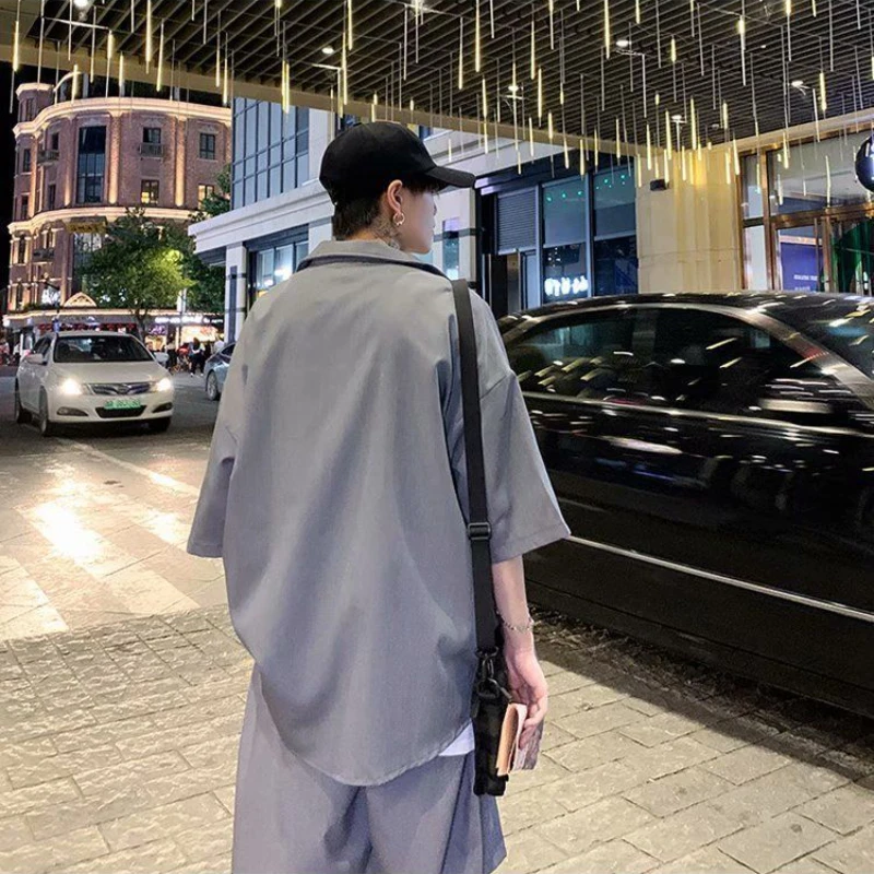 Summer Men\'s Sets Half Sleeve Blazer Suits Solid Short Sleeve Button Shirt + Shorts Korean Handsome Loose 2 Piece Set Outfits
