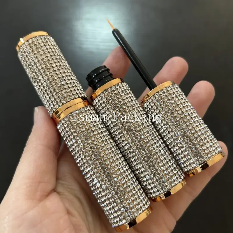 50Pcs New style empty round cosmetic bling gold diamond gel eyeliner bottle mascara container packaging tube with rhinestone