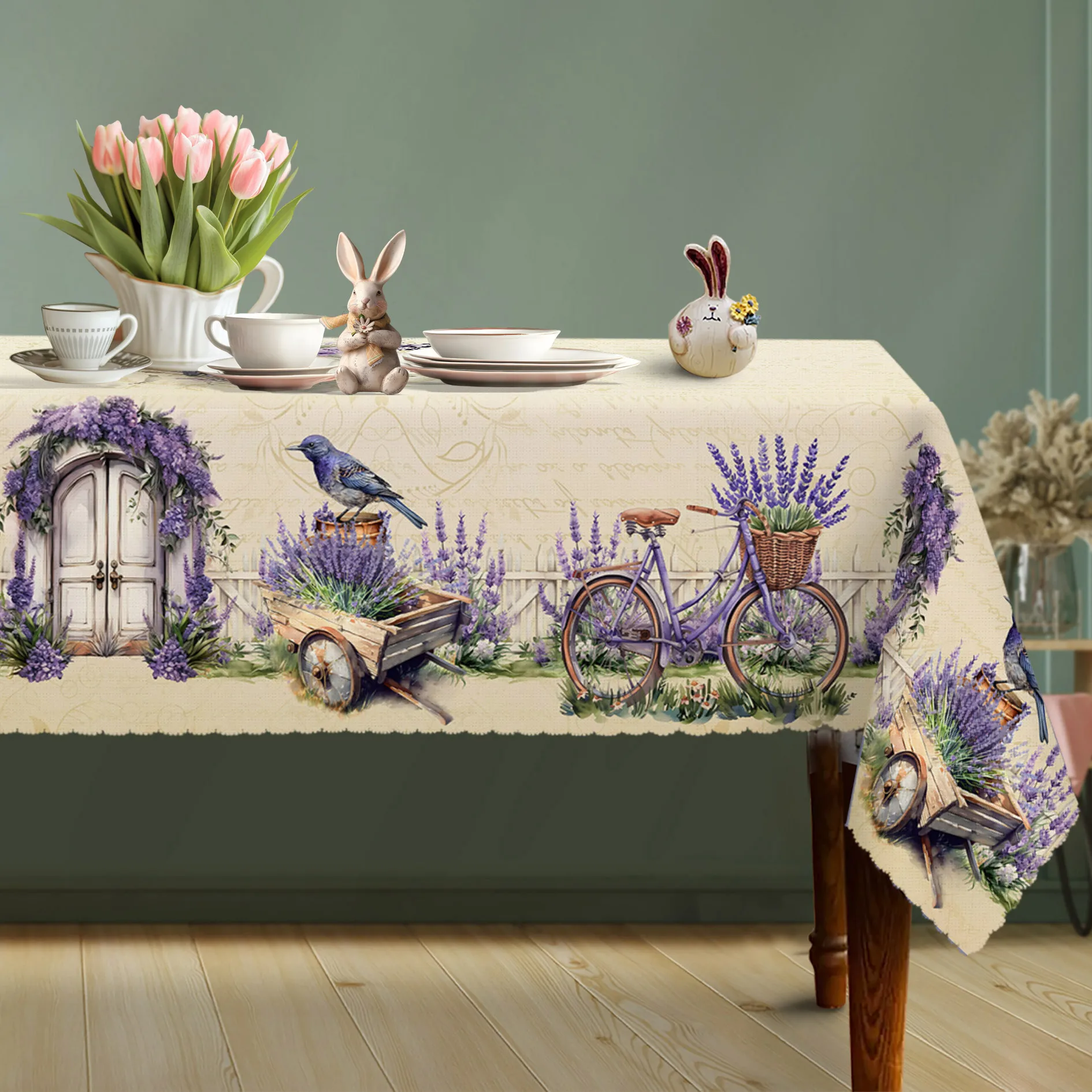 Attractive vintage lavender tablecloth, featuring purple flowers and bicycle garden design, 100% polyester fiber