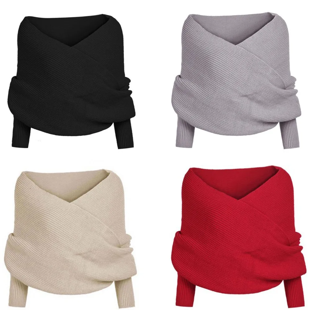 Women Knitted Sweater Tops Scarf With Sleeve Wrap Winter Warm Shawl Scarves