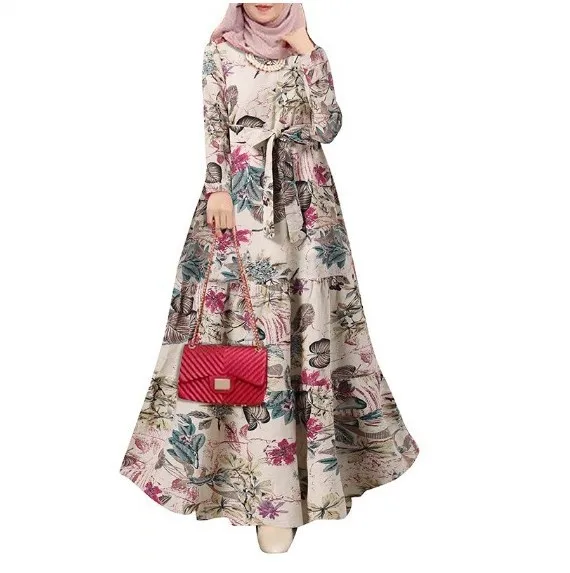 Nuevas mujeres musulmanas abaya vestidos florales de manga larga cuello redondo cintura alta con cinturón bata Vintage Medio Oriente señora vestido largo de una línea