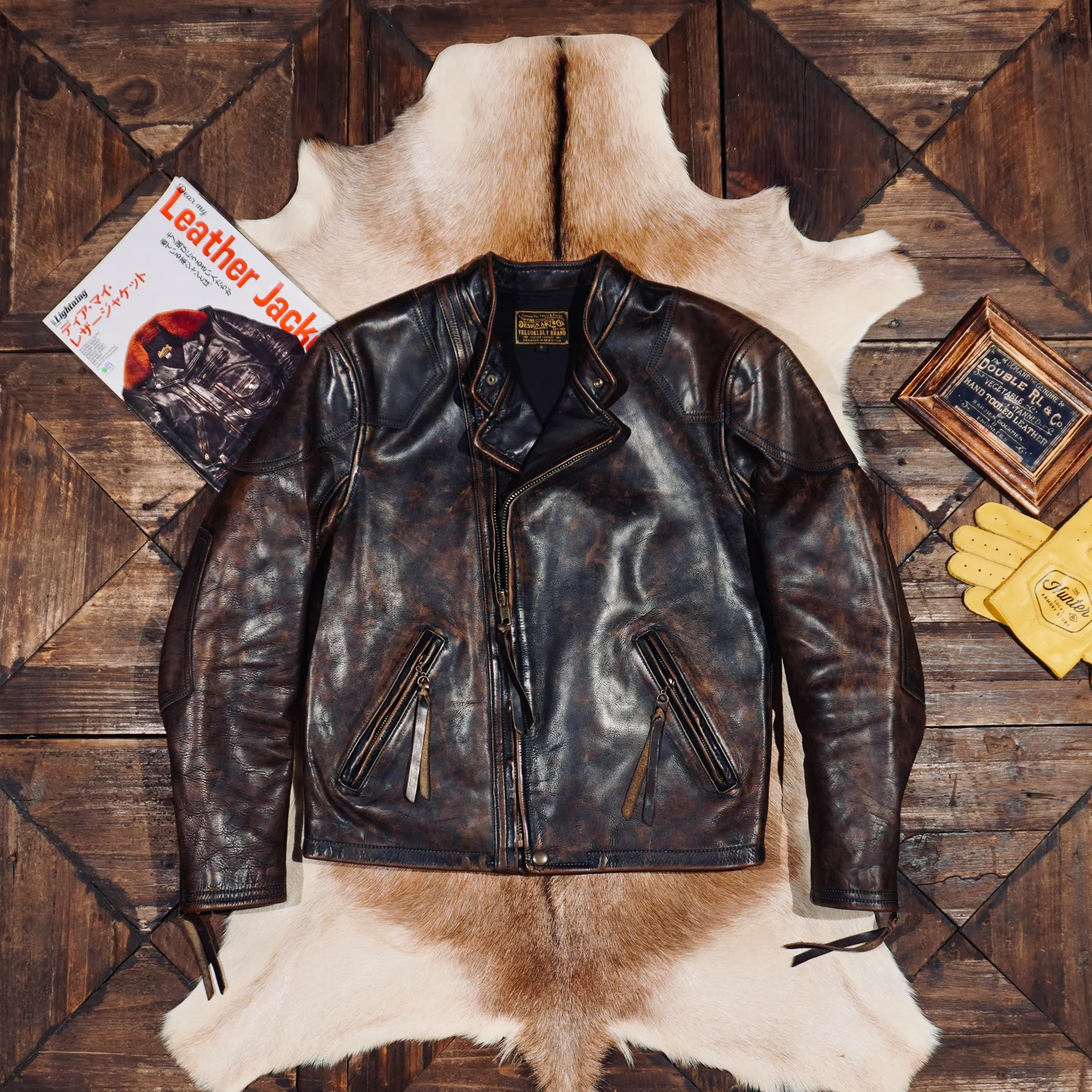 Tailor Brando Classic R*L Full Grain Vegetable Tanned Hand-Stitched Cowhide Men's Diagonal Zip Leather Motorcycle Jacket