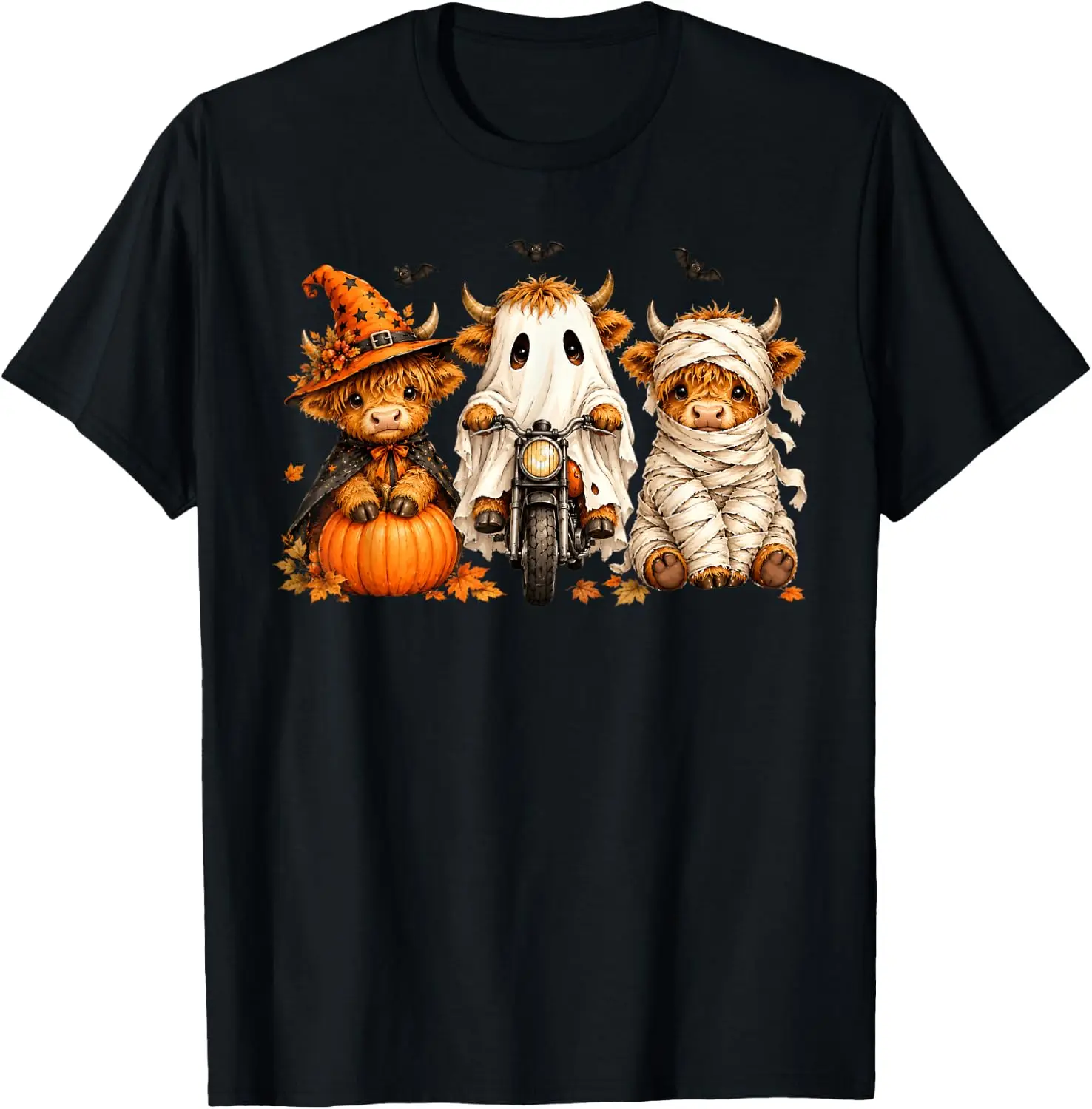 Halloween Highland Cow, Spooky Highlander Cow Fall T-Shirt Men Women Unisex Novelty Graphic T‑Shirt, Classic Crew Neck 100% Cotton Tee, Lightweight Anti‑Pilling Breathable Casual Tops, Year‑Round Daily Outfit, Holiday Birthday Present Tee