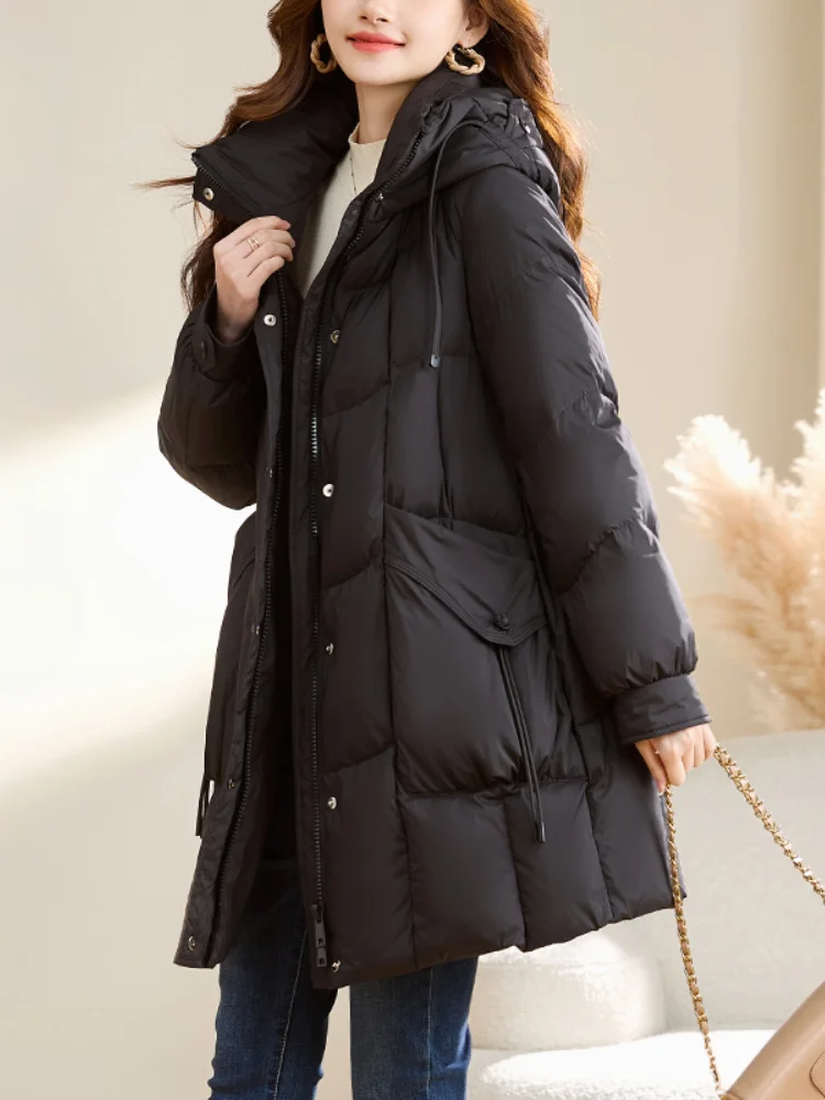 

Women's Winter Hooded Jacket, Medium-length, Thick, 90 White Duck Down, Slim Fashion, Elegant Women's Coats, New, 2024