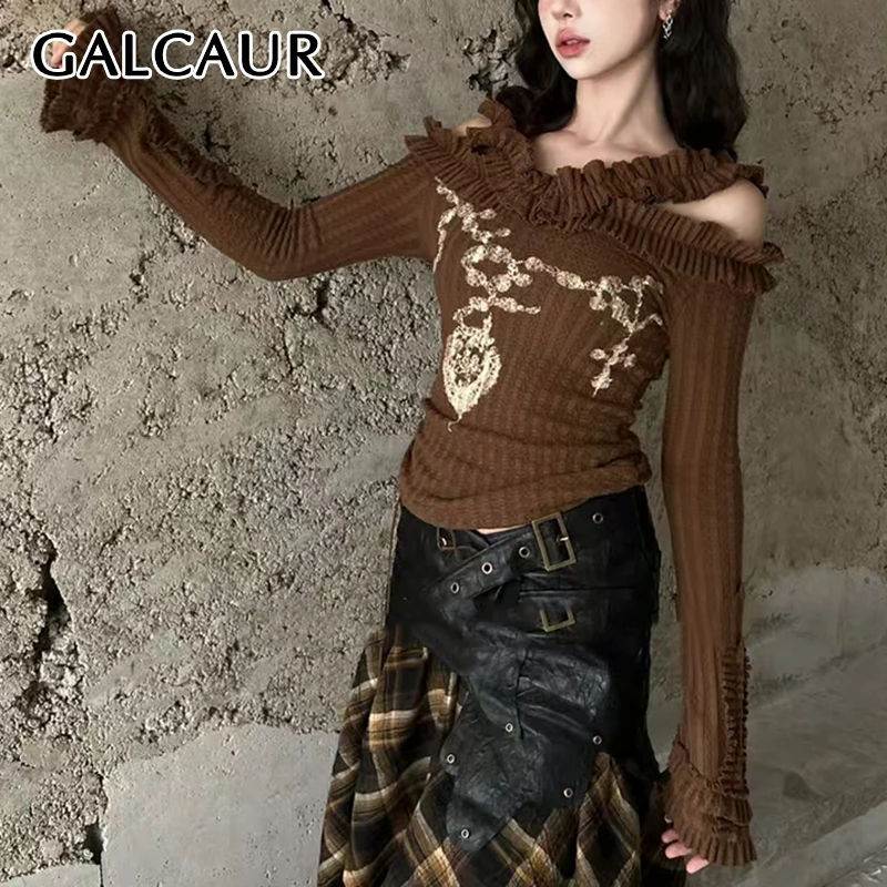 

GALCUAR Spliced Ruffles Crop Tops for Women V Neck Long Sleeves Hollow Out Printed Design Vintage T Shirts Femlae Autumn Clothes