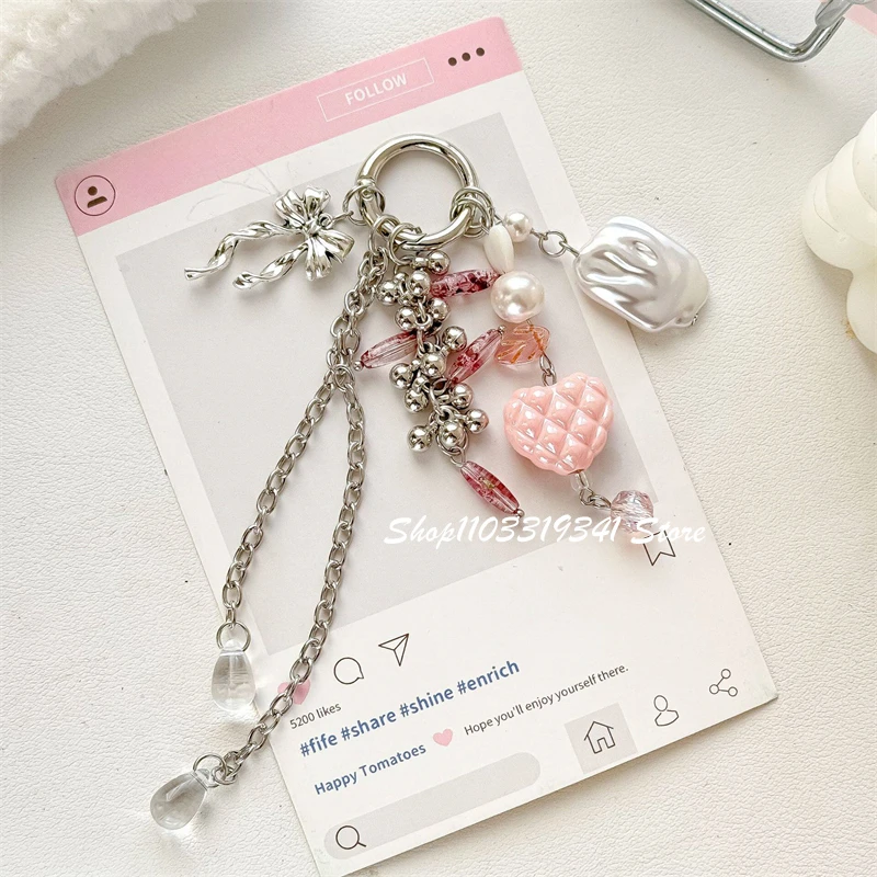 

Korean Cute Pink Love Heart Silvery Bowknot Bead Mobile Phone Charm Chain Lanyard Keychain Earphone Case Bag Pendant Accessories