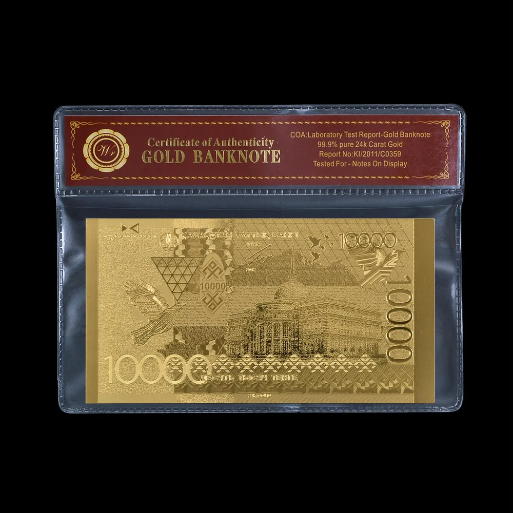 Gold Plated Kazakhstan 10000 Tenge with Frame Commemorative Banknote Challenge Banknotes Souvenir Business Gift for Collection