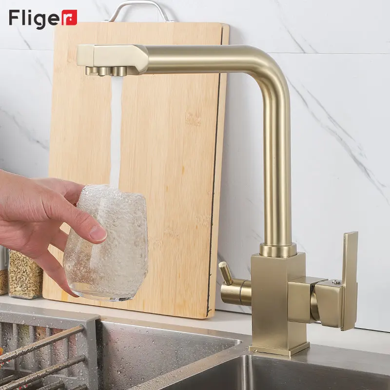 

Fliger Gold Kitchen Filter Faucet Brass Kitchen Sink Faucet Waterfilter Tap Drinking Water Square Filter Kitchen Faucet Torneira