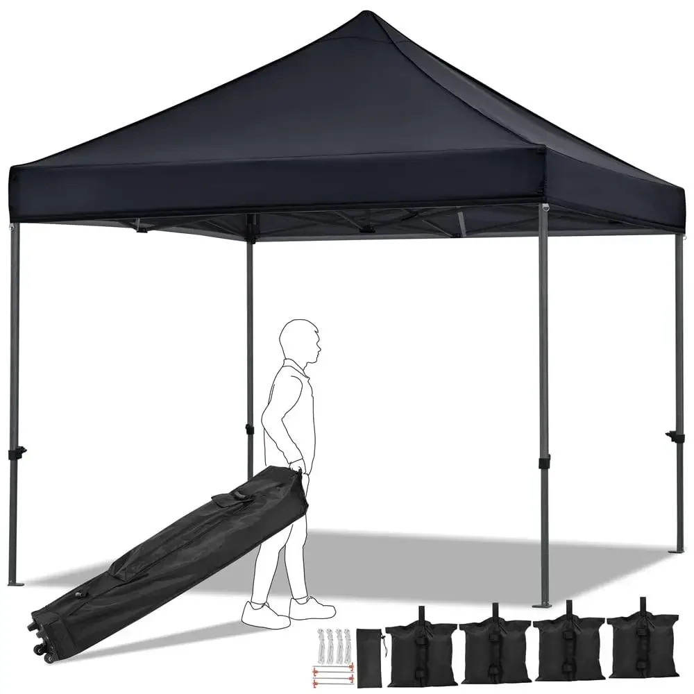 10x10ft Black Pop Up Canopy Tent with Wheeled Carry Bag UV Resistant Banner Hoops Easy Storage Craft Fairs Vendor Events Flea