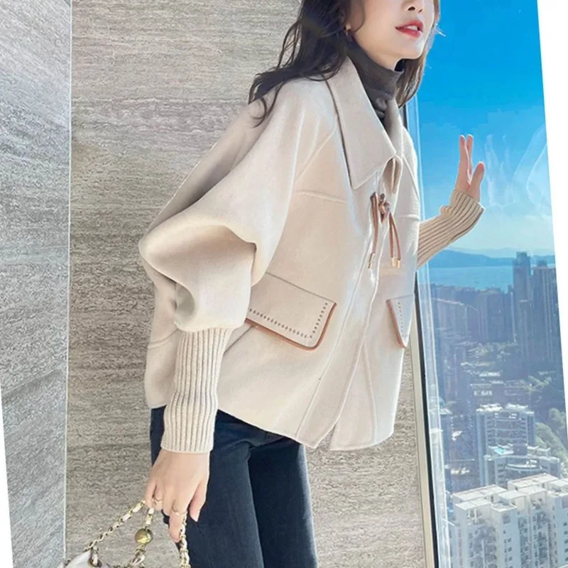 Women\'s Autumn Winter New Fashion Solid Color POLO Collar Button Pocket Temperament Versatile Long Sleeved Loose Short Jacket