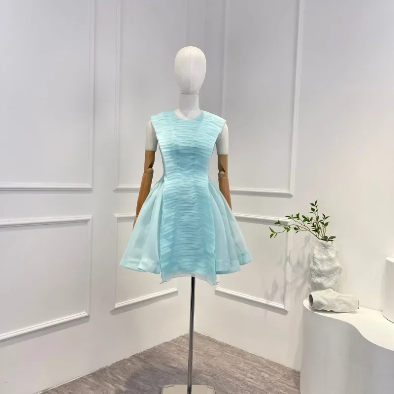 

2024 Spring Summer Latest Light Blue Sweet Cute Solid Folds Pleat Ruched Sleeveless Mini Dress for Women Fashion