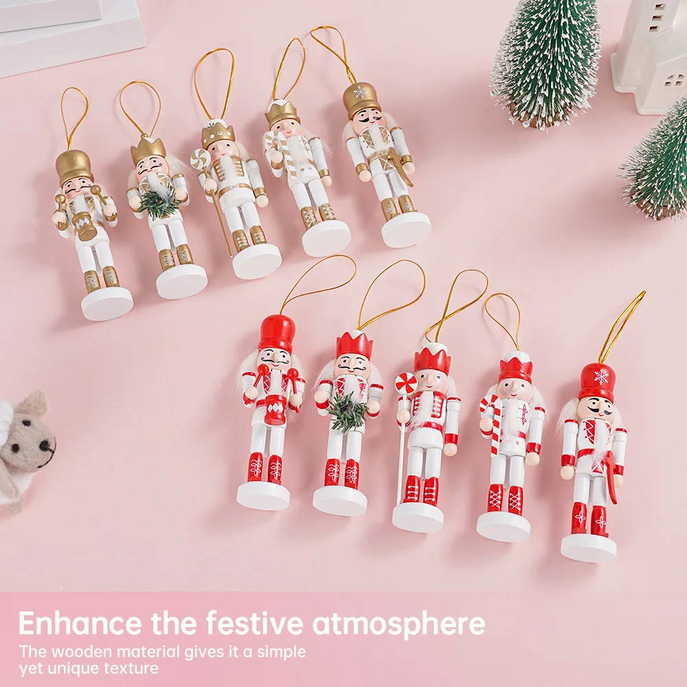 5 Stuks Notenkraker Soldaat Kerstboom Hangende Hangers Set Houten Pop Creatieve Mini Handwerk Cadeau Versiering Huisdecoratie