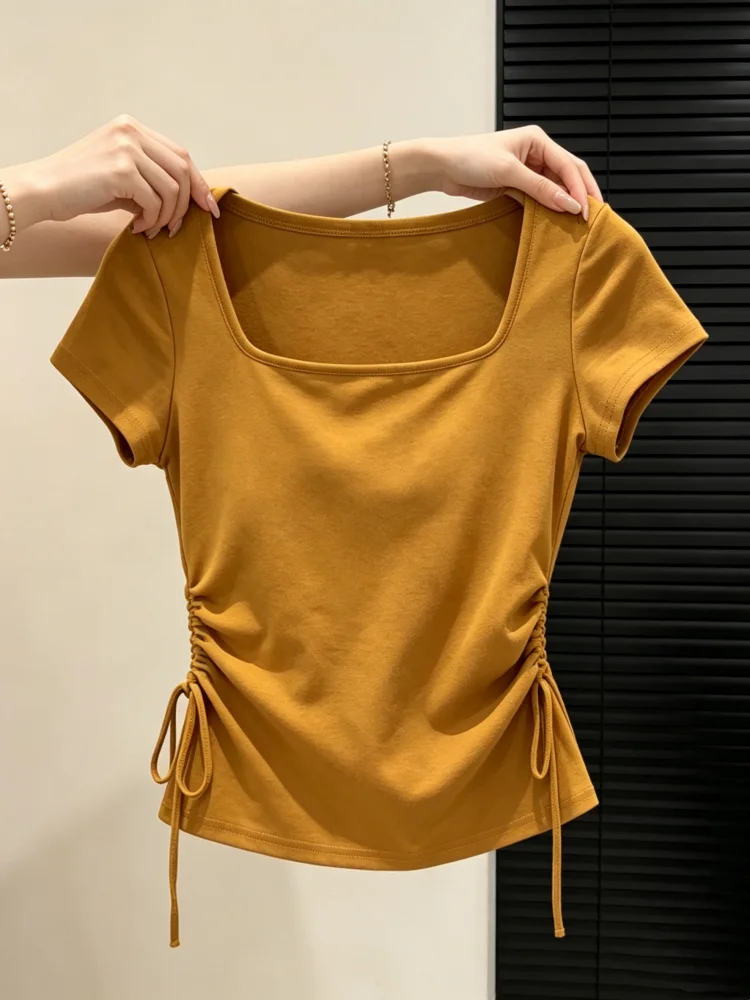 Summer New Style Pumpkin Color Square Collar Short Sleeve T-Shirt Women plus Size Drawstring Waist Slimming Top Cotton 95%