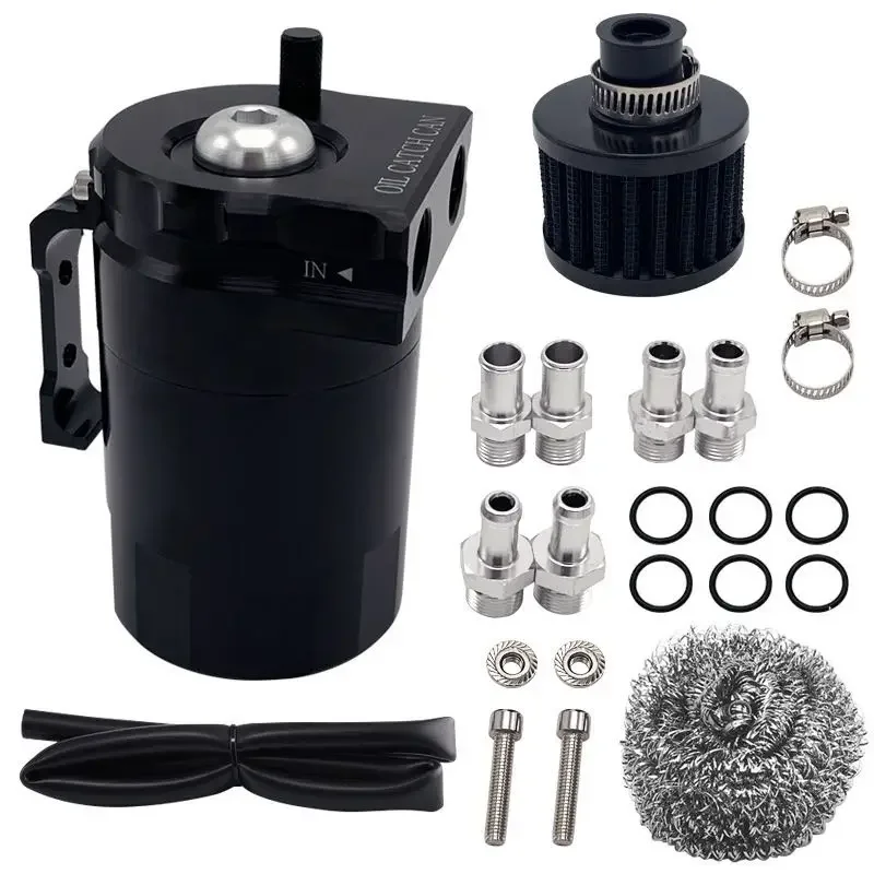 Oil Catch Can Reservoir Breather Tank +Filter Kit Polish,300ml Aluminum Black Universal with Stainless steel balls and Fuel Line