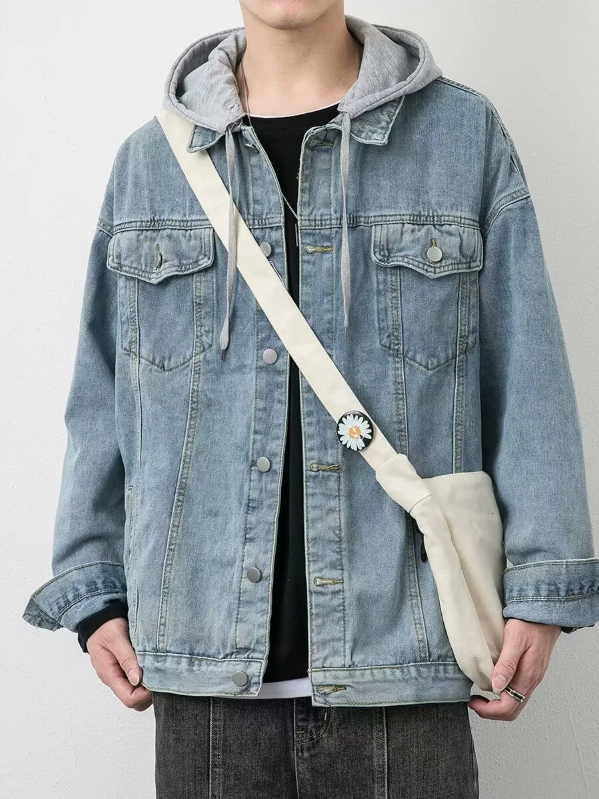 ex Casual coupe ample à capuche Denim Jaet printemps automne col rabat Long Sve vêtements d'extérieur Faionable jeunesse Sle Stand...