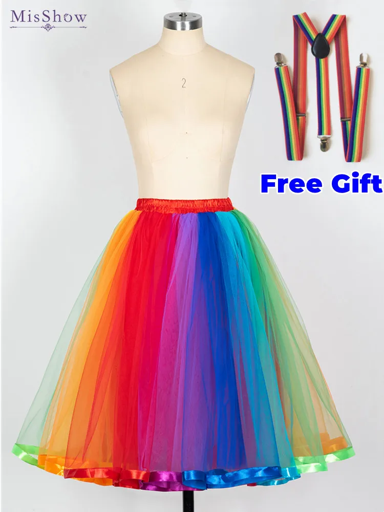 MisShow Women Rainbow Tutu Short Skirt 5 Layers Soft Tulle Pettiskirt Girls Christmas Halloween Cosplay Costumes Mesh Skirts