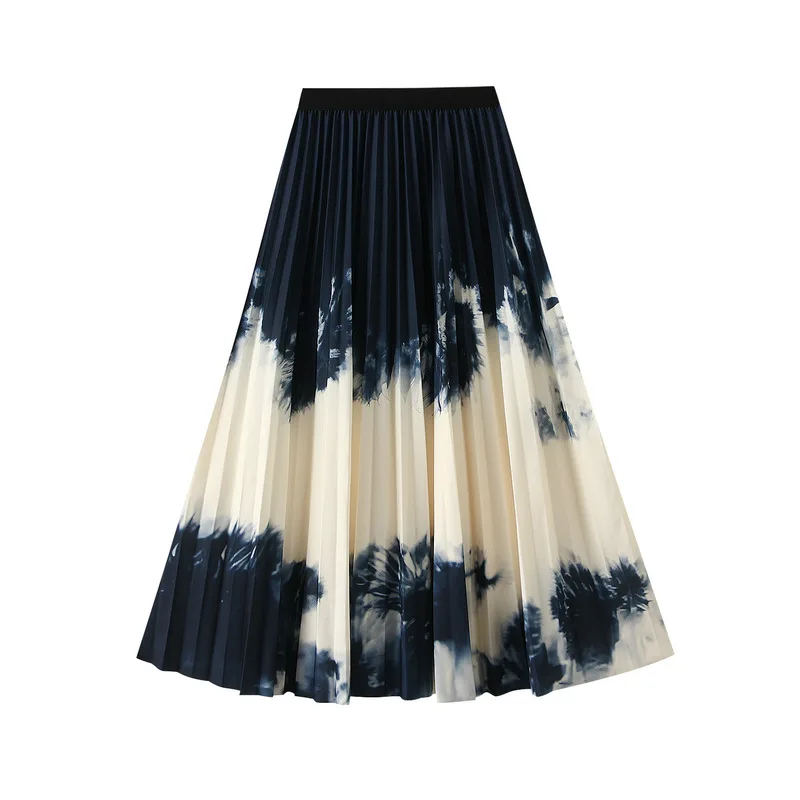 Subtle printed gradient pleated skirt for women in autumn 2024, elastic umbrella skirt with a hanging feeling, large swing skirt