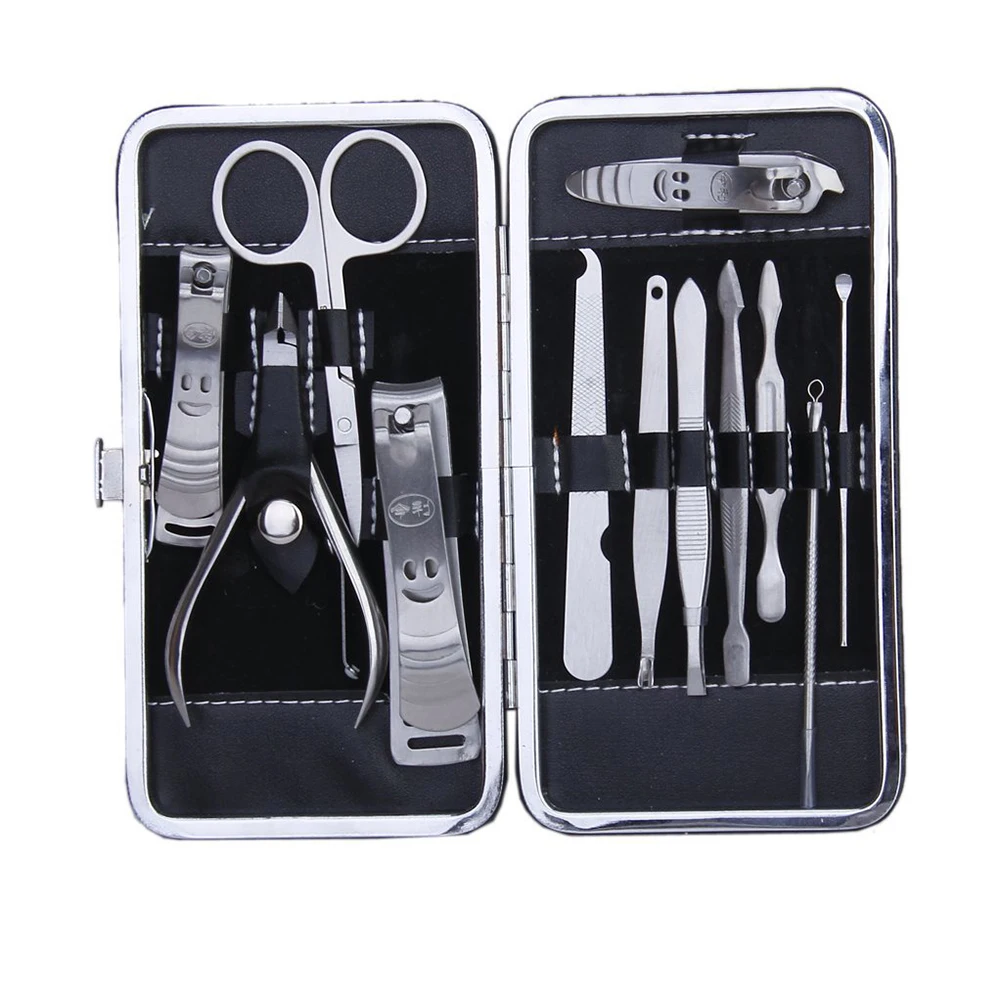 

12Pcs Silver Nail Grooming Set Stainless Steel Manicure Pedicure Tools with Stylish Plant Print Case