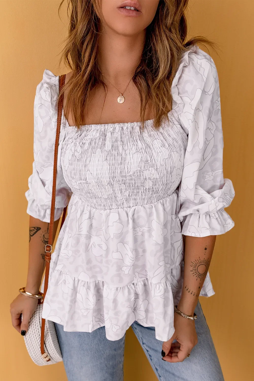

Casual Fashion Solid Ruffles Blouse Spring Summer 2023 New Square Collar Three Quarter Butterfly Sleeve Slim Tops Women Clothing