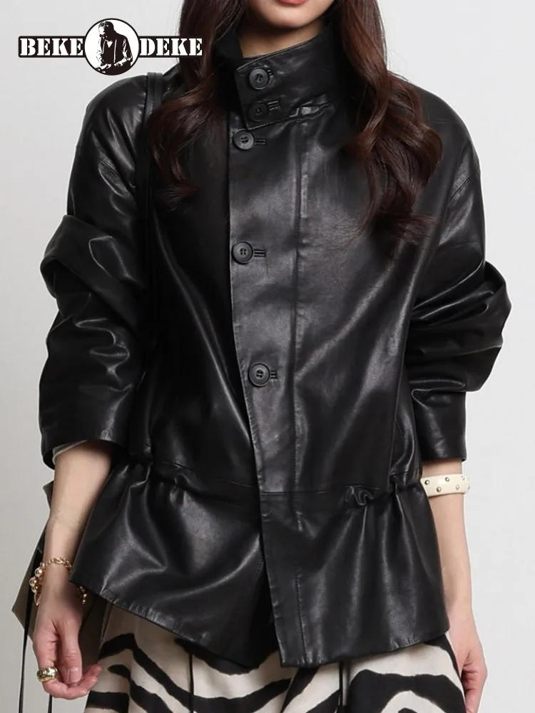 Leisure Ladies Zipper Button Fashion Genuine Leather Jackets Solid Color Stand Collar Long Sleeves Pockets Sheepskin Outwear