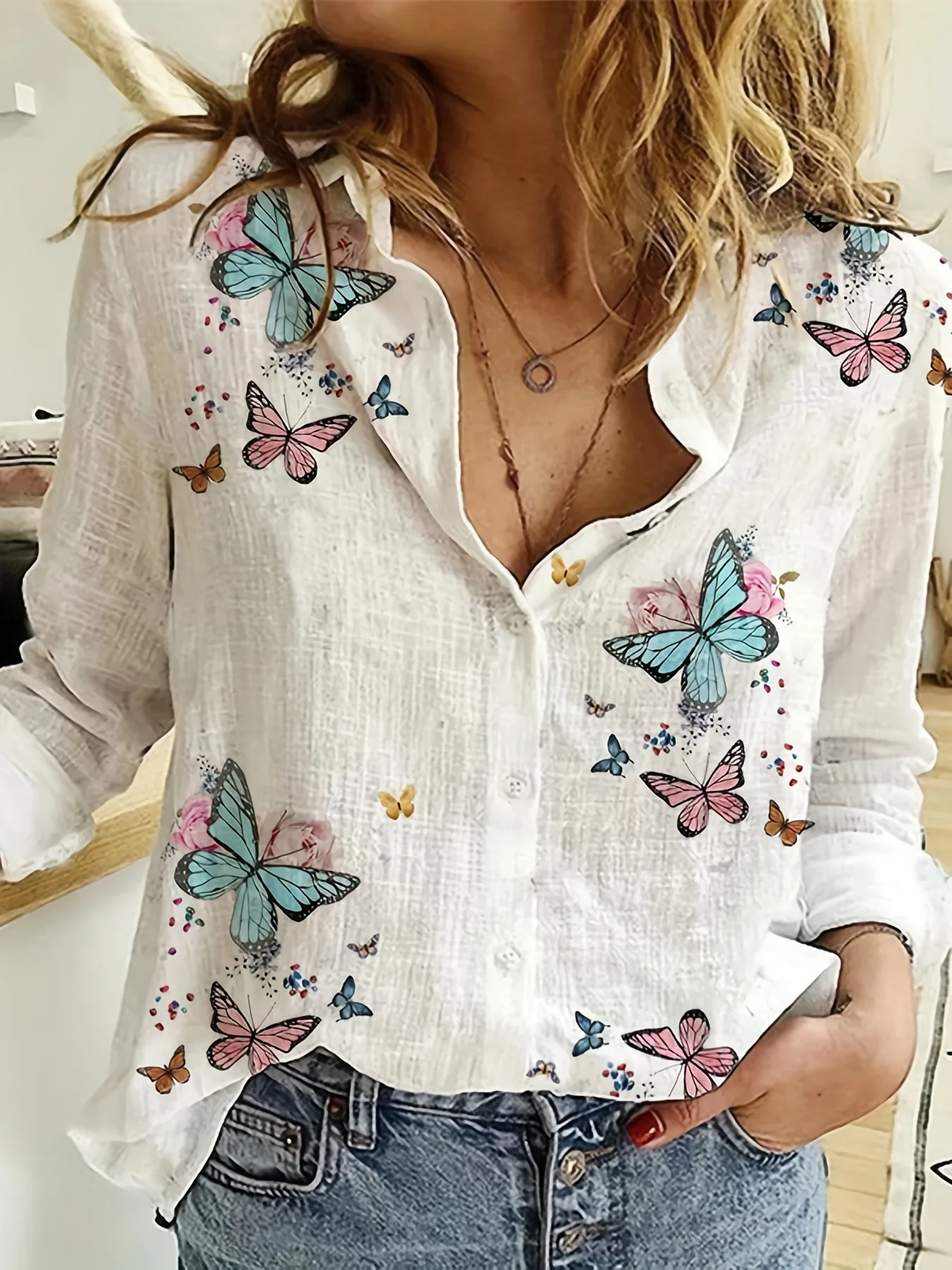 Butterfly Print Shirt, Casual Button Front Long Sleeve Collar Shirt, Womenswear