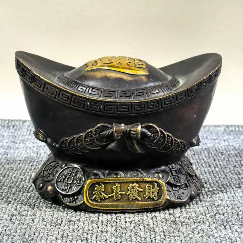Gilt copper treasure bowl with ingots decorative piece living room brass money box wealth-attracting